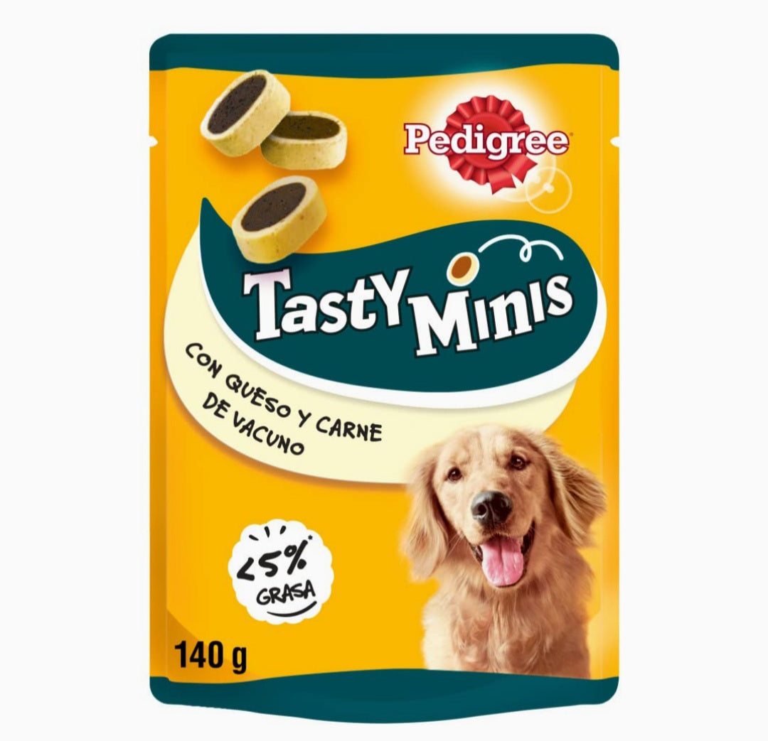 Pedigree Tasty Mini Snacks para perros sabor queso y buey.