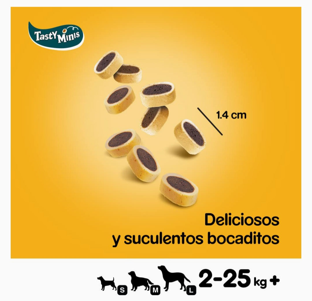 Pedigree Tasty Mini Snacks para perros sabor queso y buey.