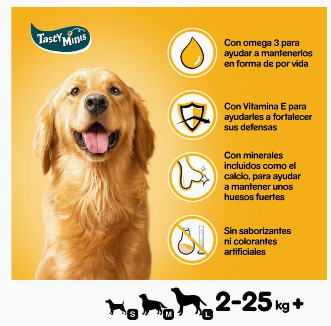 Pedigree Tasty Mini Snacks para perros sabor queso y buey.