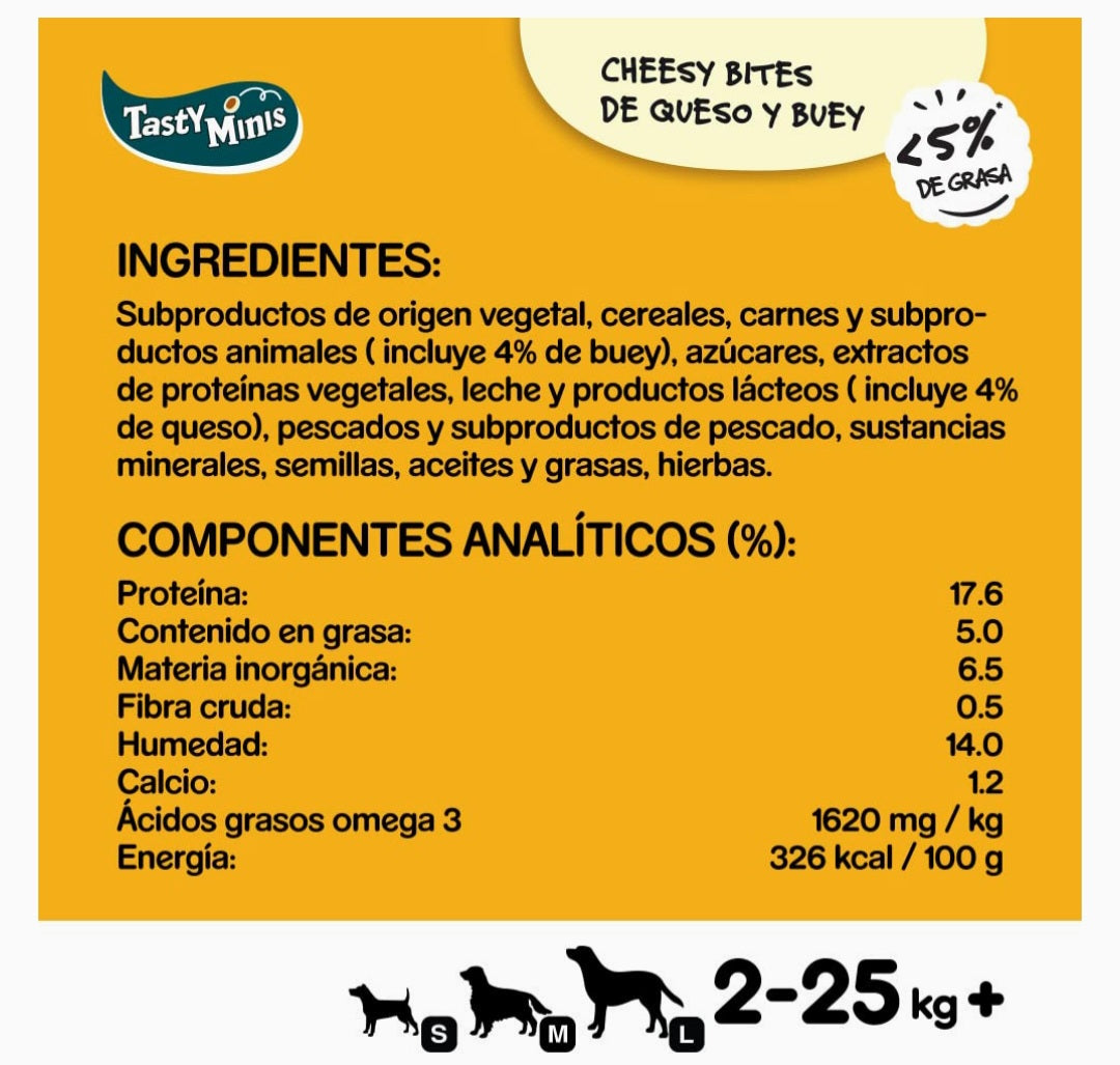 Pedigree Tasty Mini Snacks para perros sabor queso y buey.